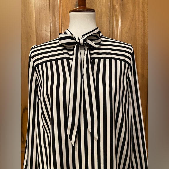 LOFT - Black & White Striped Long-SleeveShirt-Dress/Bow Tied at Neck - EUC - S - Picture 3 of 14